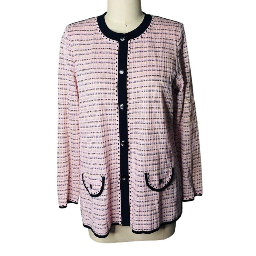 Exclusively Misook Pink Multi Knit Cardigan Jacket Black Trim Pockets Size S